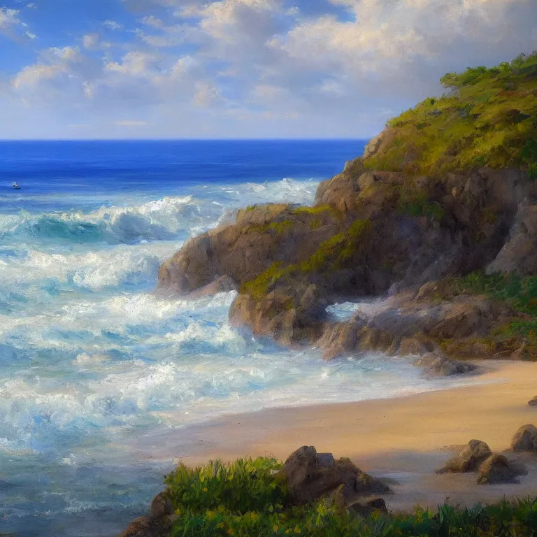 Image similar to a beautiful masterpiece painting of a coastal beach seascape in spring with by juan gimenez, award winning, trending on artstation,