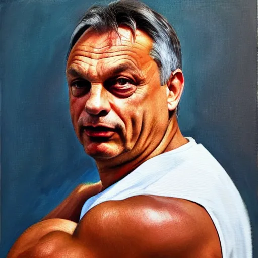 Image similar to viktor orban flexing a biceps, oil painting