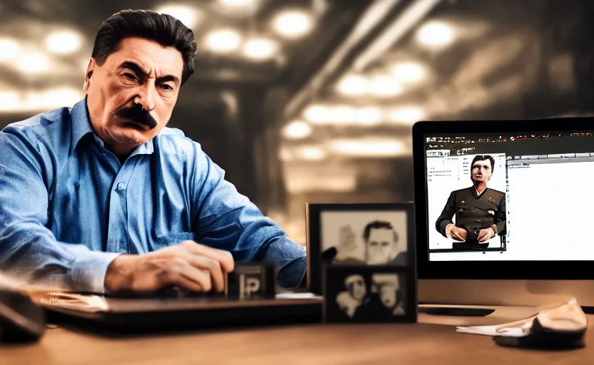 Prompt: angry josef stalin trading forex in front of computer trading bitcoin, clear detailed face, product lighting, studio photography dslr, golden ratio composition, instagram photo, luminar, fullhd photo