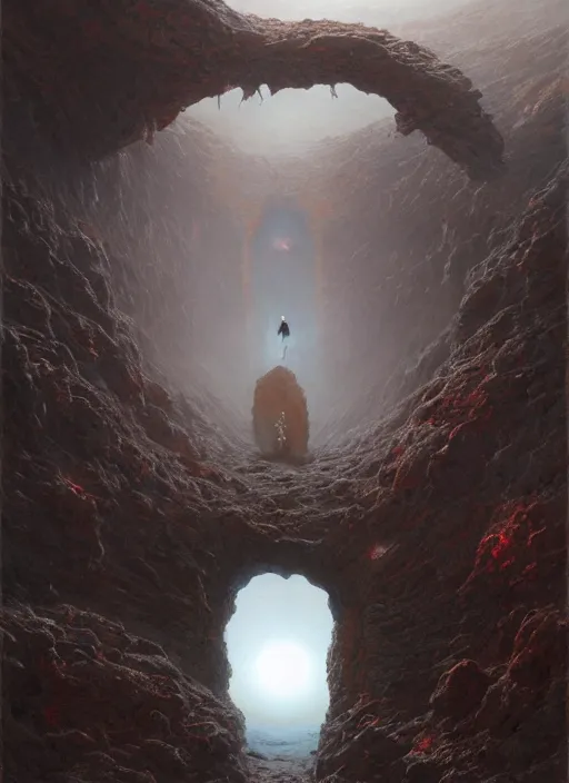 Image similar to ancient singular portal into godhood on a barren hellish exoplanet, philosophical concept illustrated by James Gurney and Zdislaw Beksinski and Dariusz Zawadski and Greg Rutkowski