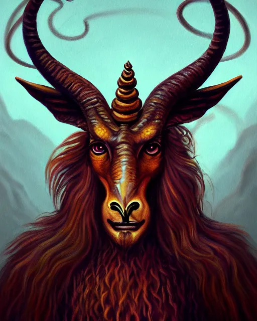 Prompt: painting of baphomet, esoteric, muted colors, head in focus, fantasy art, ornamental aesthetics, intricate, elegant, highly detailed hyperrealistic painting, artstation, concept art, painterly, sharp focus, illustration, art by lois royoi