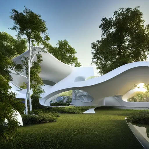 Image similar to evolving fractal, flowing white architectural Villa, futuristic 3D, voronoi pattern pavilion with magnolias on the roof, perforated shaders, sunrays through the pavilion structure, lush botanical trees, prairie landscaping, sunrise, golden hour, illuminated pool, fluffy clouds