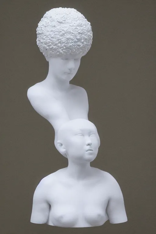 Image similar to full head and shoulders, female porcelain sculpture by daniel arsham and raoul marks, smooth, all white features on a white background, detailed white 3 d giant poppies on the head