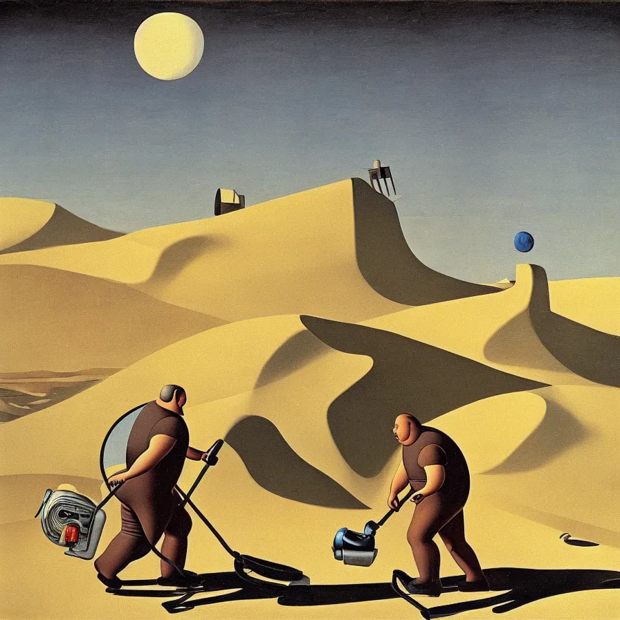 Image similar to a fat man pushing a vacuum cleaner through the desert . It's night time and there is a full moon. In the background we see hills. surrealist painting , Giorgio de Chirico