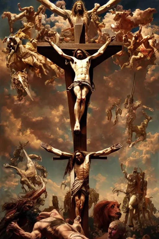 Prompt: realistic photo of the apocalypse, in the center of the image christ crucified and dismembered by demons, in the heavens horsemen of the apocalypse wreak havoc, deep focus, intricate, elegant, highly detailed, digital painting, art station, concept art, matte, sharp focus, illustration, art by artgerm and greg rutkowski and alphonse mucha