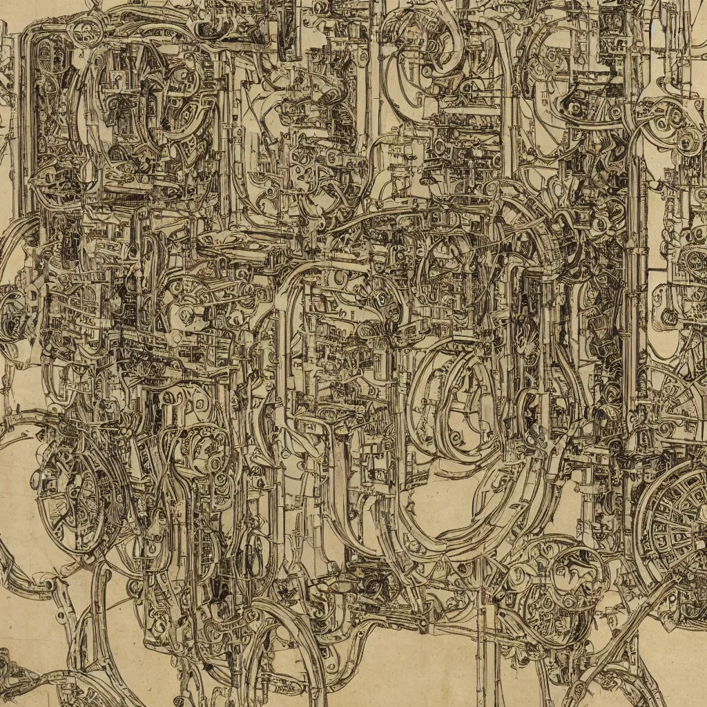 Image similar to close - up on detailed, intricate technical drawings from 1 8 4 0 with extensive written labels and covered in scribbled pencil notes, for a mechanical display attachment to babbage's difference engine, showing a screen playing tetris, beautiful, symmetric, art nouveau