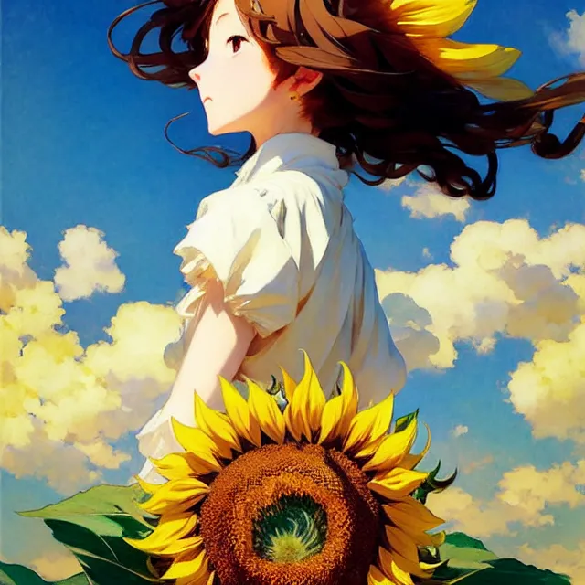 Prompt: beautiful sunflower anime girl, clouds, krenz cushart, mucha, ghibli, by joaquin sorolla rhads leyendecker, by ohara koson