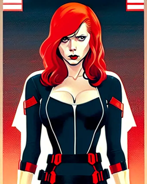 Image similar to phil noto comicbook cover art, black widow marvel, symmetrical eyes, long red hair, full body, city rooftop