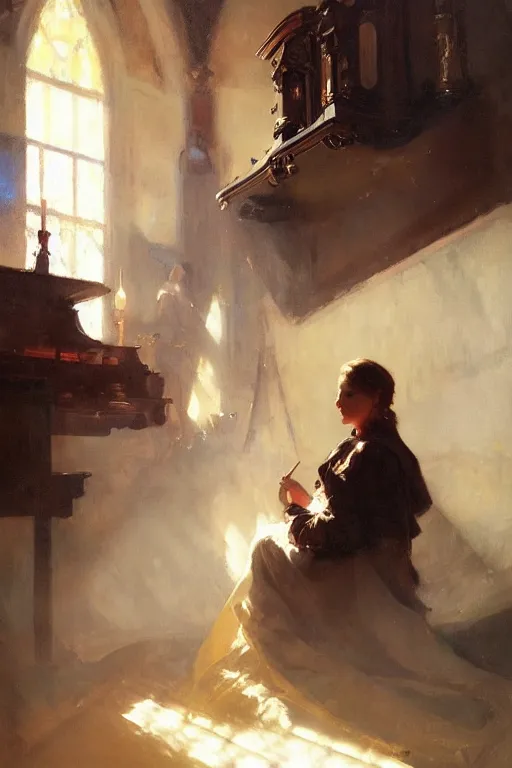 Image similar to portrait pipe organ by anders zorn, wonderful masterpiece by greg rutkowski, beautiful cinematic light, by greg manchess, jessica rossier