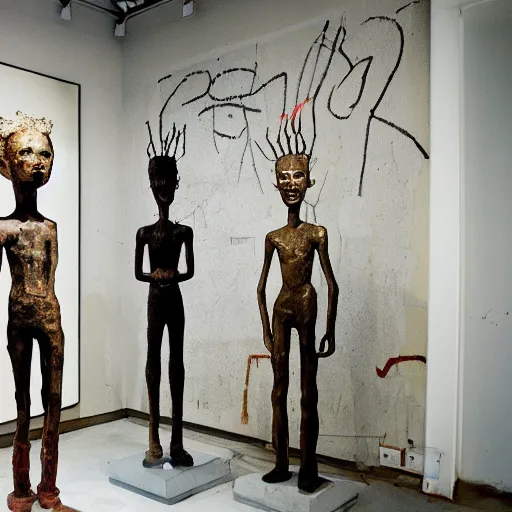 Image similar to a room full of bronze Jean-Michel Basquiat statues