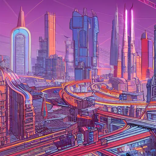 Image similar to illustration of a city in the future with lot of building and technology, Moebius, 8k, details, complex lightning, neon