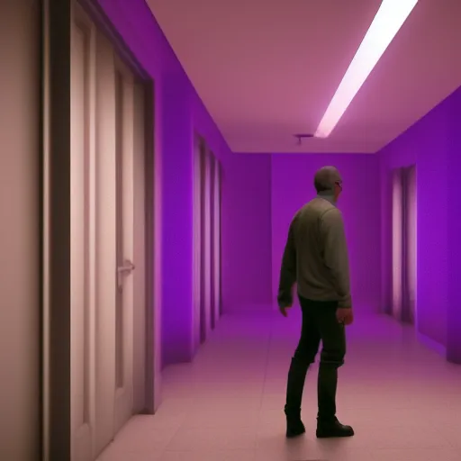 Image similar to a person standing in a dark hallway with a purple light, a 3D render by George Lucas, featured on polycount, cubo-futurism, volumetric lighting, rendered in unreal engine, cinematic lighting