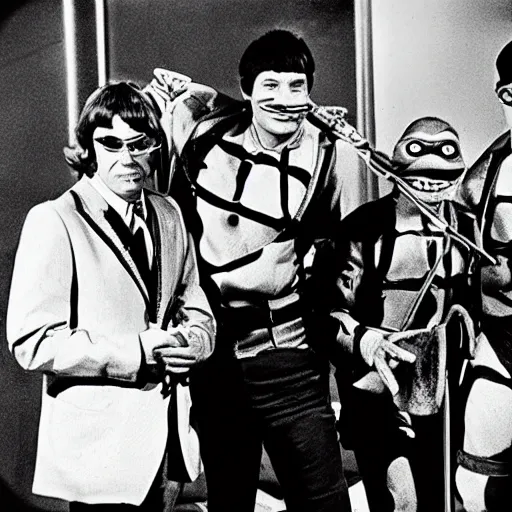 Prompt: fab four teenage mutant ninja turtles on the ed sullivan show black and white tv