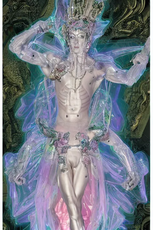 Image similar to full-body rococo and cyberpunk delicate crystalline sculpture of a muscular iridescent (((slender Spanish male))) as a humanoid deity wearing a thin see-through ((plastic hooded cloak)) sim roupa, reclining con (las piernas abiertas), glowing pink face, crown of (((white lasers))), large diamonds, swirling black silk fabric. futuristic elements. oozing glowing liquid, full-length view. space robots. human skulls. throne made of bones, intricate artwork by caravaggio. Trending on artstation, octane render, cinematic lighting from the right, hyper realism, octane render, 8k, depth of field, 3D