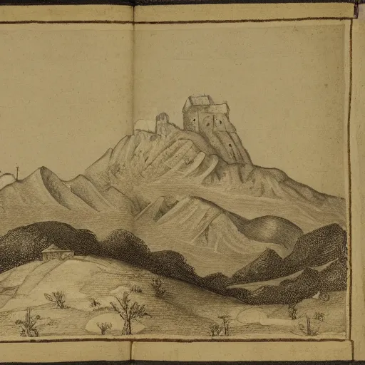 Prompt: Mountain range landscape with a castle, manuscript