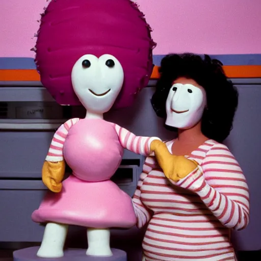 Image similar to 1985 two curvy women in a vintage kitchen baking a cake wearing an inflatable long prosthetic snout nose made of gooey pink slime, soft color wearing stripes sitting on chairs covered in soft fabric, pink slime everywhere, grey striped walls, studio lighting 1985 color film archival footage holding a hand puppet that looks like Caspar the Friendly Ghost, 16mm Russ Meyer John Waters Almodovar Doris Wishman