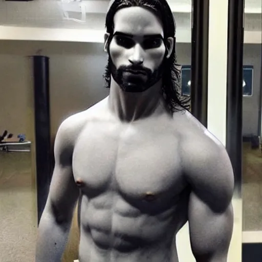 Image similar to “a realistic detailed photo of a guy who is an attractive humanoid who is half robot and half humanoid, who is a male android, Seth Rollins, shiny skin, posing like a statue, blank stare”