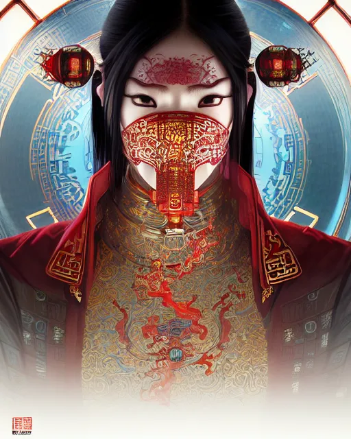 Image similar to portrait of a chinese cyberpunk machine, machine face, robed, upper half portrait, decorated with chinese opera motifs regal royal fierce machine robot cyberpunk fine china, wuxia, traditional chinese art intricate intense elegant highly detailed digital painting artstation concept art smooth sharp focus illustration, art by artgerm and greg rutkowski alphonse mucha 8 k