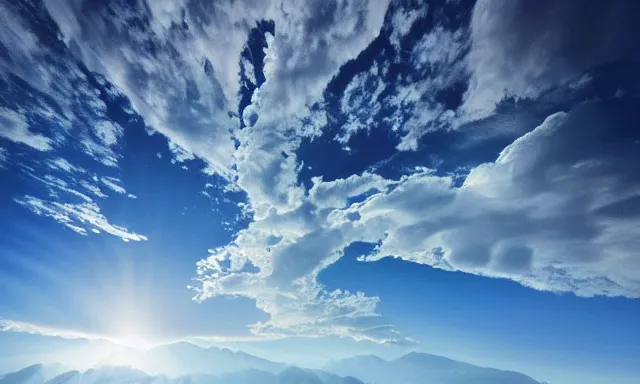 Prompt: beautiful picture of a perfect blue sky in high altitude, many big drops of water floating quietly in a cylinder shape, hot and sunny highly-detailed, elegant, dramatic lighting, artstation, 4k, cinematic landscape, photograph by National Geographic