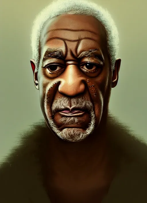 Prompt: Half-body portrait of a beautiful bill cosby with blonde hair and luminous aura. In style of Hyung-tae Kim and Greg Rutkowski, concept art, trending on ArtStation, Korean MMORPG, over-detailed art, 8K, epic, dynamic lightning, dramatic pose