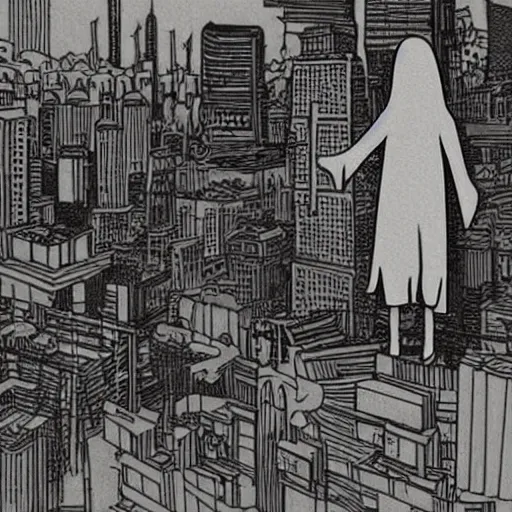 Prompt: cityscape, dystopian, young girl dressed as a ghost. folk horror. great detail