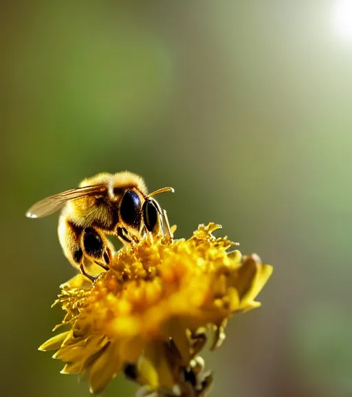 Image similar to super macro photo of a golden bee on a flower in a forest. dof. bokeh. magical atmosphere. art by greg rutkowski. lifelike. very detailed 8 k. intricate. soft light. nikon d 8 5 0.