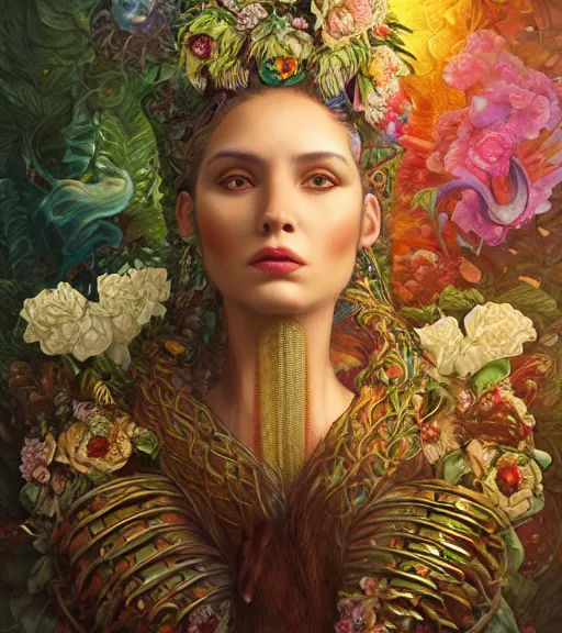 Prompt: portrait of quetzalcoatl, surrounded by flowers by karol bak, moebius, tom bagshaw, rococo, trending on artstation, cinematic lighting, hyper realism, octane render, 8 k, hyper detailed, ink by dave gibbons