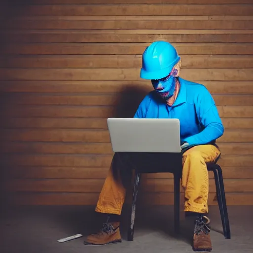 Prompt: a polaroid photo of man using a laptop inside in warehouse, he sitting on chair and small table, he's wearing blue cloth and construction hat behind him is a very scary monster, photo from behind, highly details, perfect face shape, cinematic lighting,