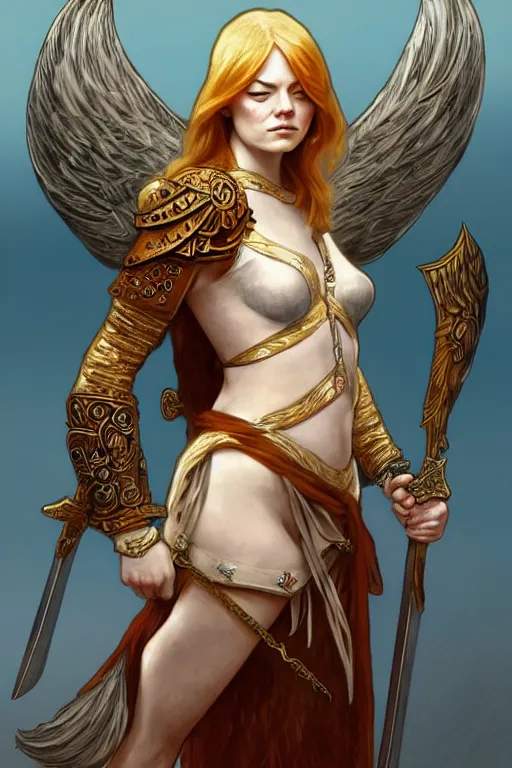 Prompt: Emma Stone as an Viking warrior angel, fantasy, intricate, elegant, highly detailed, digital painting, artstation, concept art, smooth, sharp focus, illustration, art by alphonse mucha