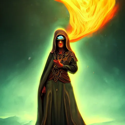 Image similar to ( a priestess with a hood that covers half her face carries an incense burner that emits a pleasantly colored flame. ) by anato finnstark, photorealistic, full body portrait, dynamic lighting, beautiful, trending on artstation, wallpaper, 4 k, award winning, digital art, very detailed faces