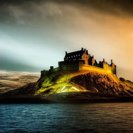 Prompt: sculpture of Edinburgh castle on a seamount deep underwater, hyper realistic, very very detailed, moody lighting, from zenith, Canon 5d, 8k