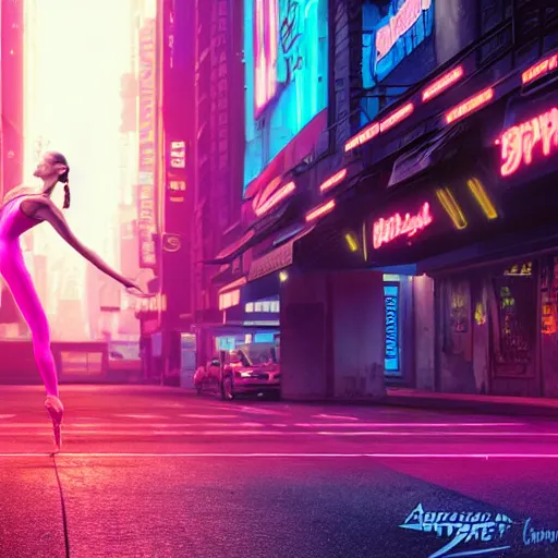 Prompt: professional photo of ballerina on cyberpunk street, synthwave, blade runner 2 0 4 9, hyperrealistic masterpiece, trending on artstation, cgsociety, kodakchrome, golden ratio, cinematic, composition, beautiful lighting, hyper detailed, sharp focus, octane render, 4 k, unreal engine