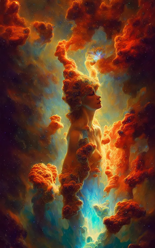 Image similar to psychedelic transcendent puffs of smoke explosion, supernova, nebulae, pillars of creation, enlightenment, high contrast lighting, highly detailed, concept art, art by collier, albert aublet, krenz cushart, artem demura, alphonse mucha