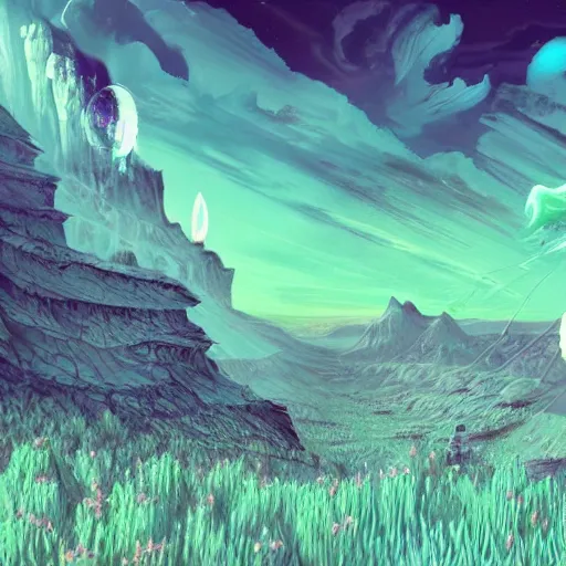 Prompt: A fantasy vaperwave landscape on an alien planet