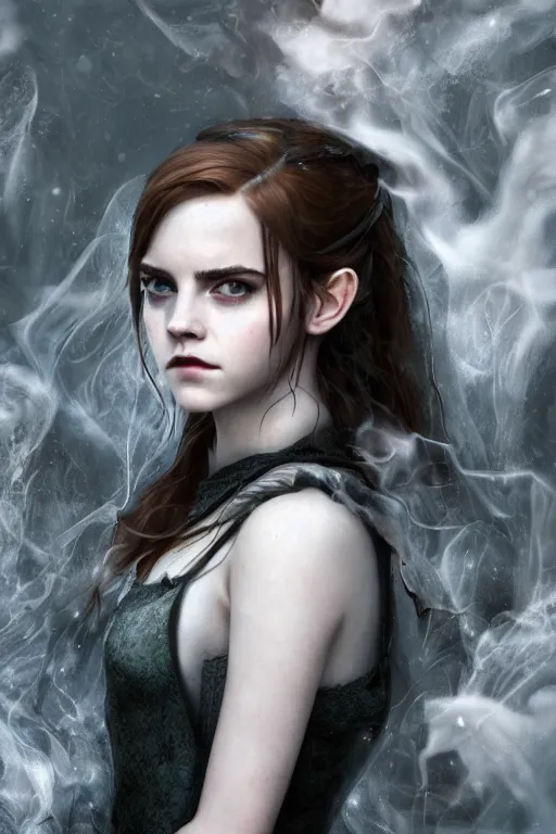 Prompt: a mix of of emma watson, anya taylor - joy and emma stone, evil sorceress elf, lotr, hyperrealism, octane render, extremely detailed, intricate smoke magic, lace, style of mark ryden, earl nore, hyung tae, frank frazetta