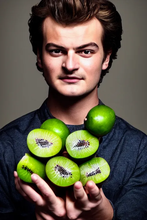 Image similar to 📷 joe keery the kiwi fruit 🥝, made of food, head portrait, dynamic lighting, 4 k