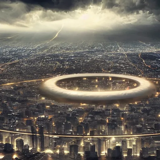 Prompt: wide shot of a near-future city with dark thick storm clouds in the sky. The massive thin ring-shaped spaceship is encircling the entire city. Through center of the ring spaceship you can see thousands of beautiful stars . realistic, HDR, 4k photo gigapixel