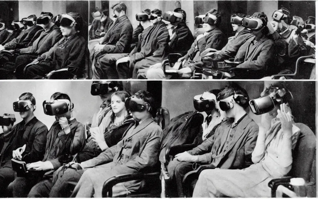 Image similar to 1 9 0 0 s photo of people using iphones ipods virtual reality headsets vr watching hd tv in a movie theater