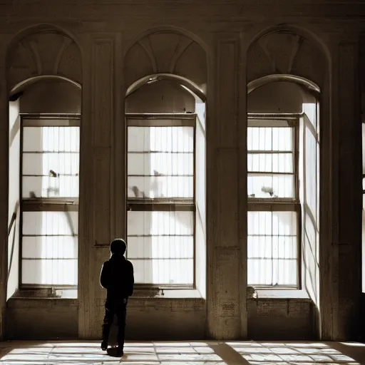 Prompt: a lonely boy in library, old building, big windows, volumetric light, dust particles floating in the air