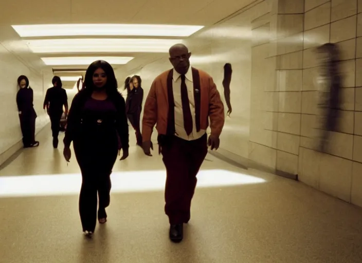Image similar to cinematic shot of octavia spencer being chased down an escalator by walter white in a strange defunct abandoned mall, iconic scene from the paranoid thriller sci fi film directed by stanley kubrick, 2 4 mm anamorphic lens, backlit, moody strange cinematography, beautiful composition, color theory, leading lines, photorealistic, highly detailed scene moody lighting
