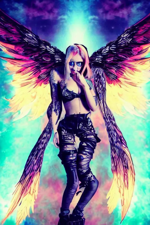 Image similar to angel punk girl hacker posing with a laptop, feathered angel wings, tattoos ; rebellion and fragility, stunning digital art, cyberpunk, realistic, science fiction, highly detailed, dramatic colorful lighting