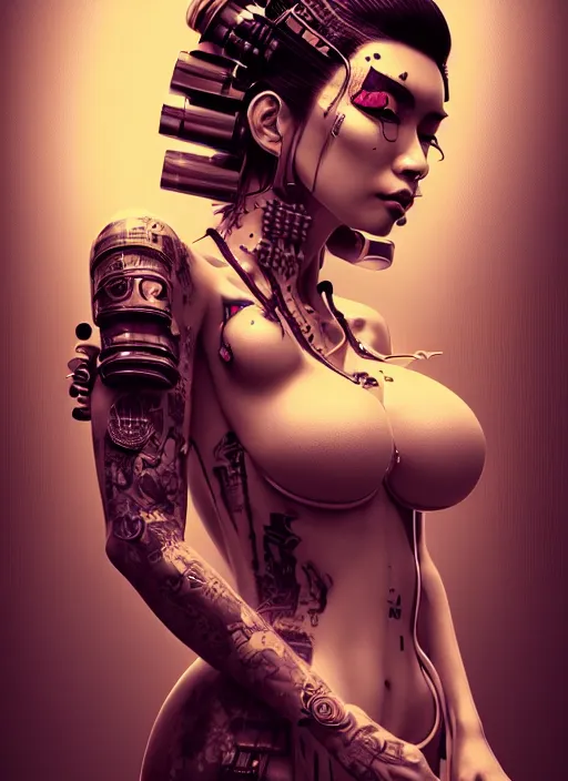 Image similar to portrait of a seductive cyberpunk geisha yakuza raver gutter punk cyborg bioweapon, golden ratio, details, sci - fi, dark fantasy, cyberpunk, intricate, decadent, ornate, highly detailed, digital painting, octane render, 8 k, artstation, concept art, smooth, sharp focus, illustration, art by artgerm, loish, wlop