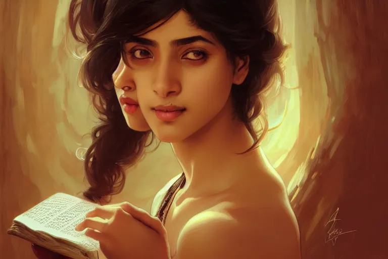 Image similar to sensual good looking pale young bengali girl with soulful eyes reading a novel, portrait, elegant, intricate, digital painting, artstation, concept art, smooth, sharp focus, illustration, art by artgerm and greg rutkowski and alphonse mucha