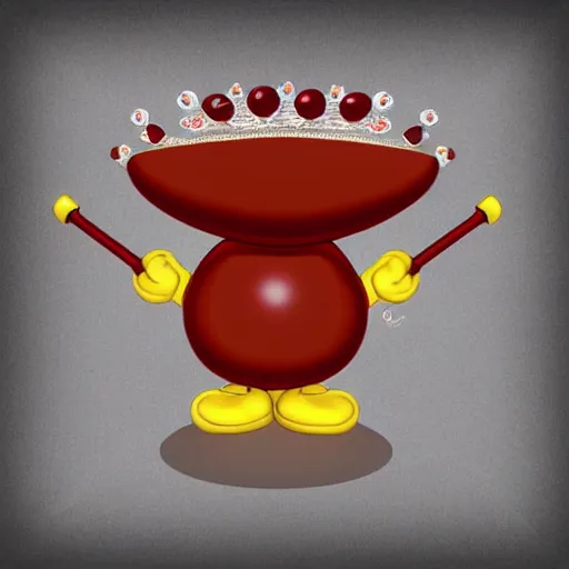 Prompt: kidney bean holding a staff, wearing crown, cartoon character, digital art, fun,