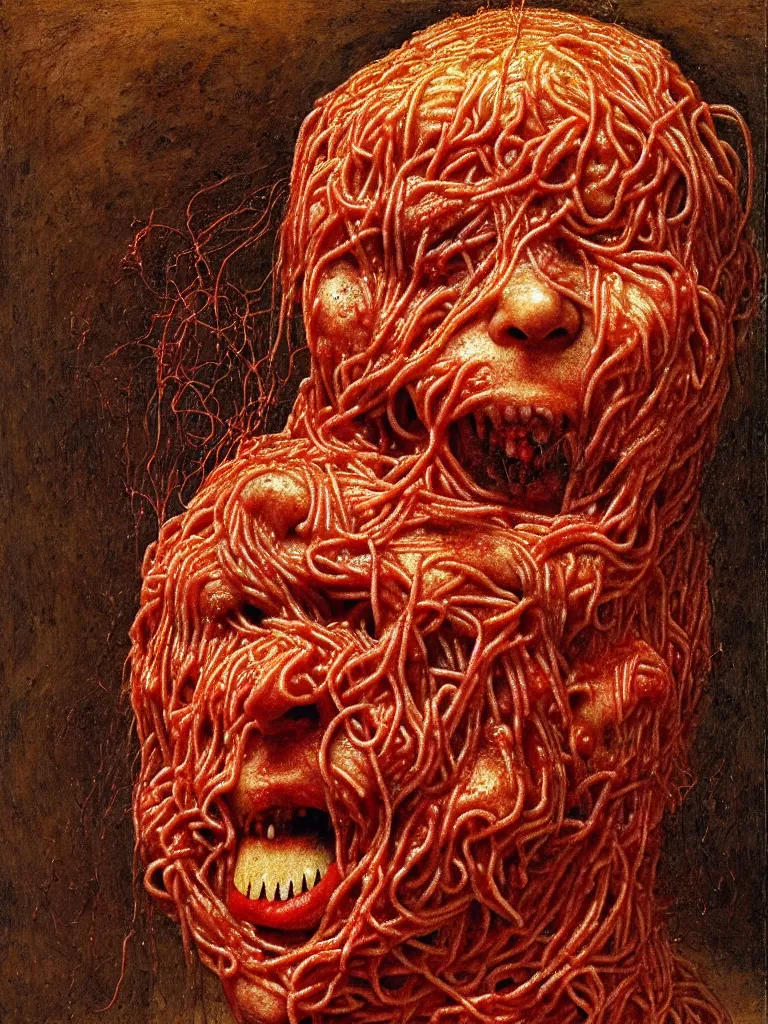 Image similar to a boy made of spaghetti and tomato sauce, looking into camera, screaming in pain, full body, by giuseppe arcimboldo and ambrosius benson, renaissance, intricate and intense oil paint, a touch of beksinski and hr giger and edward munch, realistic