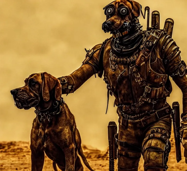 Image similar to a good ol'bloodhound pup fursona ( from the furry fandom ), heavily armed and armored facing down armageddon in a dark and gritty version from the makers of mad max : fury road. witness me.