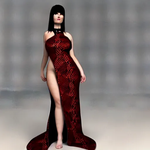 Image similar to curvy feminine hot goth cutie with sublime modest elegant patterned red-black snakeskin leather neck-high gown, cgsociety, photorealistic, comfy ambience, idealistic, 16k, smooth, sharp focus, trending on ArtStation, volumetric lighting, fully clothed, worksafe