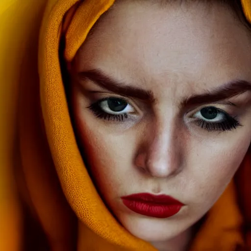 Prompt: a photo of a woman. moody and melanchony. with small amount of red and yellow.