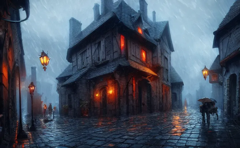 Image similar to extreme long shot concept art depicted rainy old french village, high details, dramatic mood, deep environment, art by legends of runeterra and tomasz jedruszek and gabor szikszai, trending on artstation, unreal engine, 8 k, 4 k