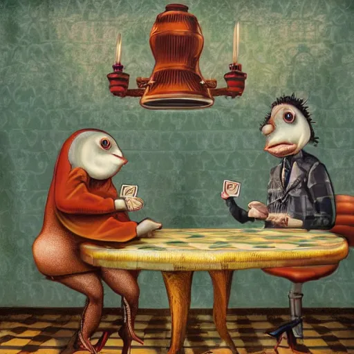 Image similar to two fishes sitting at a table playing cards at the bottom of the sea, the table has a checkered table cloth, lowbrow surrealistic, in the style of mark ryden,